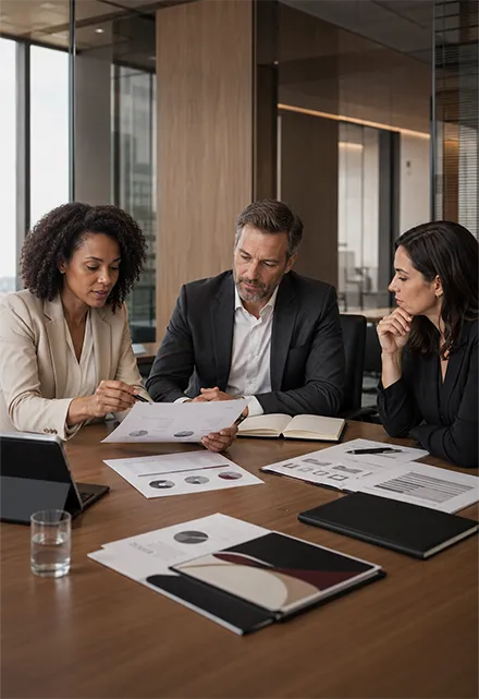 Profissionais analisando documentos antes de uma decisão empresarial.
