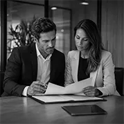 Executivos analisando documentos relacionados a uma operação empresarial em preto e branco.
