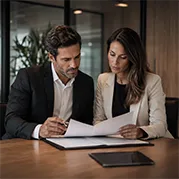 Executivos analisando documentos relacionados a uma operação empresarial.