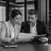 Profissionais analisando documentos em um contexto empresarial internacional em preto e branco.