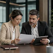 Profissionais analisando documentos em um contexto empresarial internacional.
