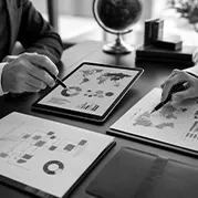 Profissionais analisando documentos e informações tributárias em ambiente corporativo em preto e branco.