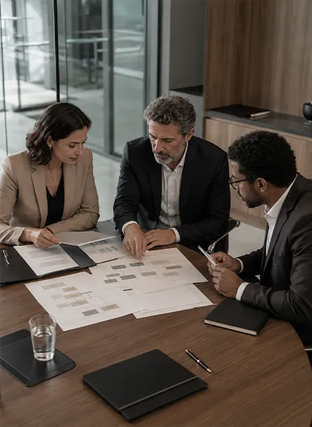 Profissionais analisando documentos durante uma reunião de reorganização empresarial.